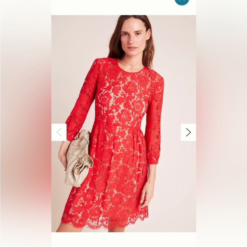 Anthropologie Red Floral Lace Long-Sleeve Dress